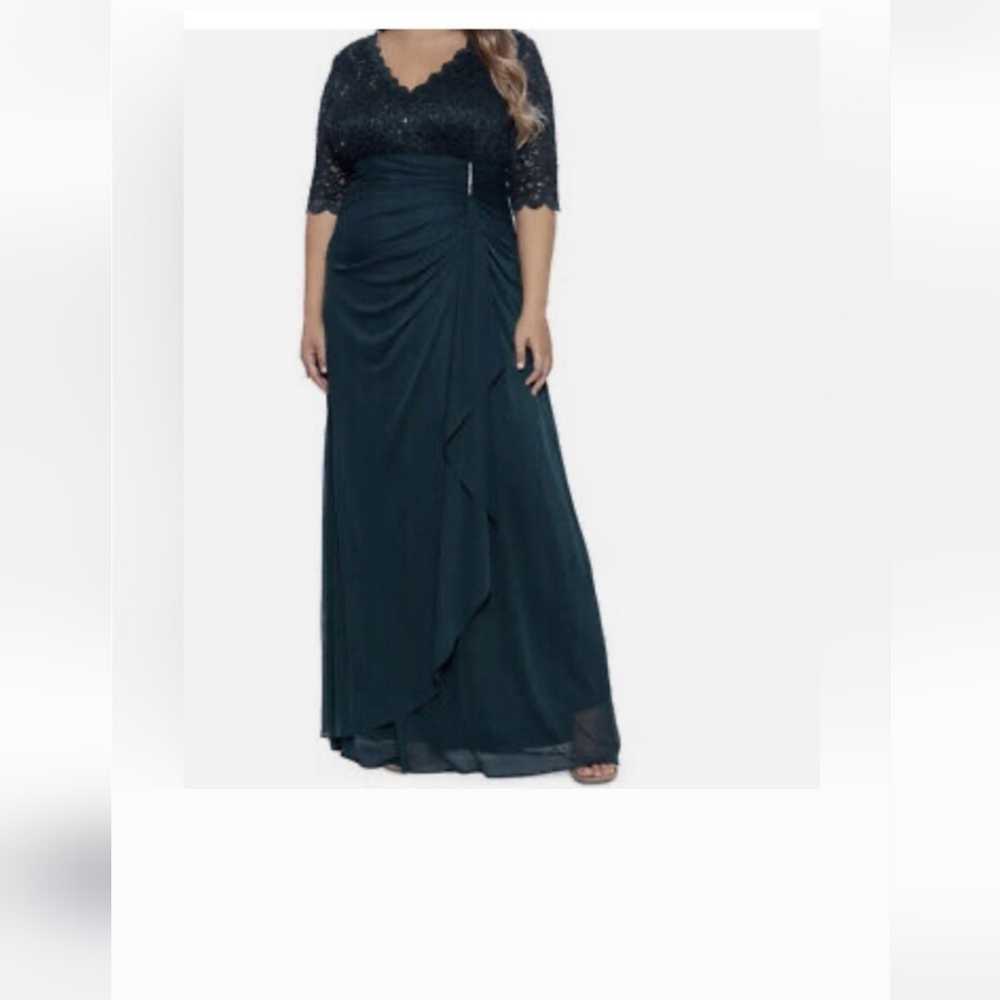 Betsy & Adam Dark Teal Long Sleeve Lace Bodice Evening Gown